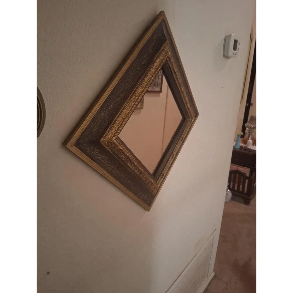 Vintage Ornate Diamond Mirror | Charcoal + Gold | Hollywood Regency